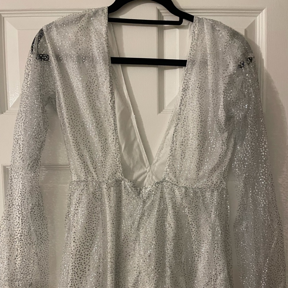 White Silver Shiny Long Dress with Sheer Sleeves and white underlining S - Picture 11 of 11